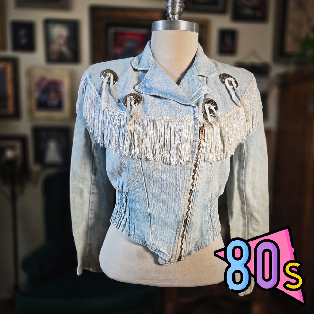Patty Denim Jacket Vintage 80s Fringe Concho Acid Wash Western Cowgirl Womens M‎